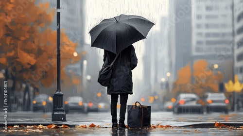 A woman in a black coat stands on a rainy city street, holding an umbrella and a suitcase, with autumn leaves on the ground.