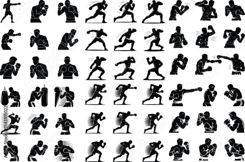 Boxer Punching Icon Silhouette Set – Powerful Combat Poses Fighter in Action Silhouette Set – Boxing Sports Icon Collection