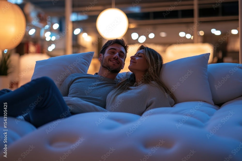 Obraz premium Bright store lighting, man and woman reclining on mattress, testing softness