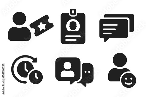 CRM Support Icons. Solid style icons of CRM and customer support: user ticket, helpdesk badge, live agent, ticket queue, response