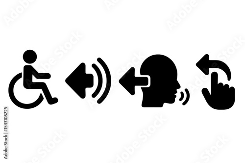 Accessibility Icon Set. Solid style icons of accessibility and back cues: accessible back button, back with haptic icon, voice