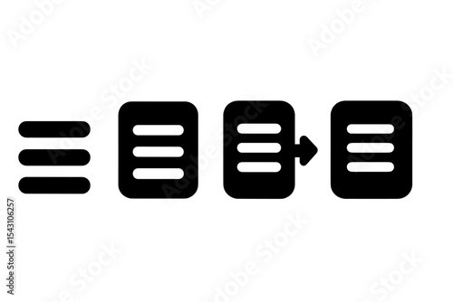 Solid Menu Icons. Solid style icons of collapsed/expanded menus: collapsed hamburger, expanded menu badge, menu with arrow, menu