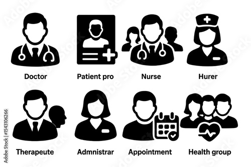 Healthcare User Icons. Solid style icons of healthcare users: doctor avatar, patient profile, medical team icon, nurse user,