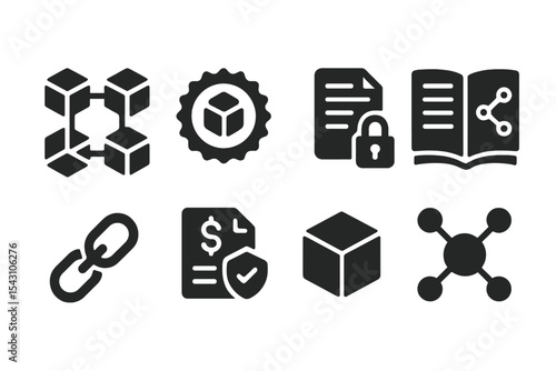 Blockchain Icon Set. Solid style icons of blockchain in digital marketing: block structure icon, decentralized badge, smart