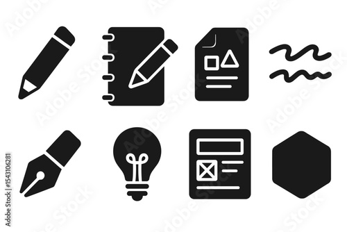 Digital Marketing Icons. Solid style icons of sketch in digital marketing: pencil icon, sketchpad icon, draft icon, doodle lines,
