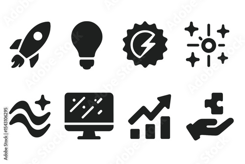 Digital Marketing Icons. Solid style icons of innovation in digital marketing: rocket icon, forward lightbulb, breakthrough badge,
