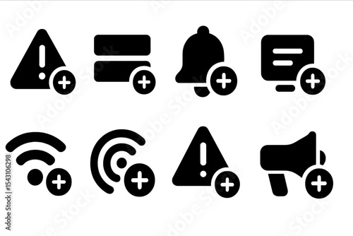 Notification Icons Set. Solid style icons of notifications and alert systems: alert rule add, notification stream add, bell with