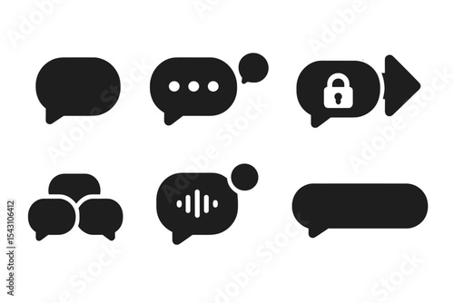 Chat Feature Icons. Solid style icons of app chat features: message bubble, live chat badge, private thread icon, reply icon,
