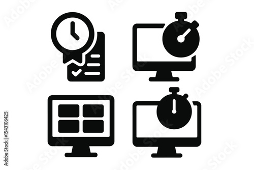 Screen Time Icons. Solid style icons of screen time tracking: hour badge with checklist, productivity with screen tracker, session