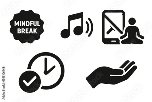 Mindful Break Icons. Solid style icons of mindful break: break reminder badge, soft music pause icon, digital detox break icon,