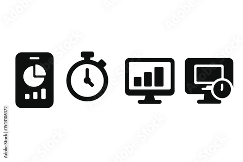 Screen Time Icons. Solid style icons of screen time tracking: usage tracker icon, session duration control, time graph with screen