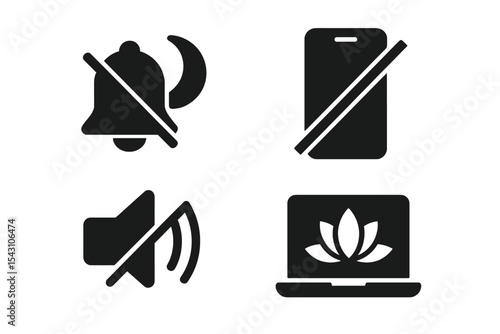 Do Not Disturb Icons. Solid style icons of do not disturb: night mode with bell off, mobile in silence zone, app mute symbol, zen