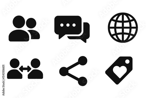 Social Connectivity Icons. Solid style icons of social connectivity: friend icon, message thread, share button, global reach.