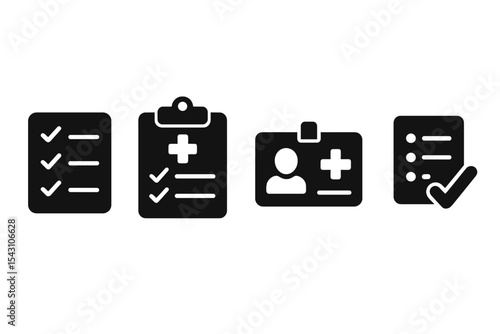 Healthcare Task Icons. Solid style icons of healthcare tasks: task list, treatment checklist, plan card, task completion. Solid