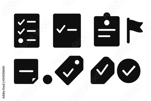 Task Management Icons. Solid style icons of task control: checklist, task block, assignment card, priority flag. Solid style of to