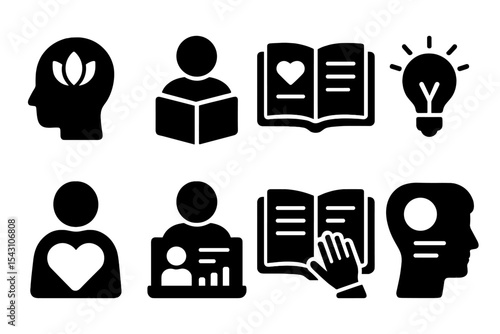 Mindful Reading Icons. Solid style icons of mindful reading: article tag, blog post, guide book, insight text. Solid style of