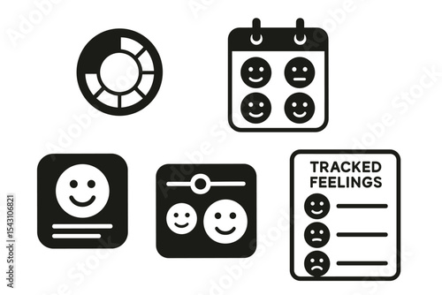 Emotion Tracker Icons. Solid style icons of emotion tracker: mood ring with color segments, calendar with emotion dots, emotional