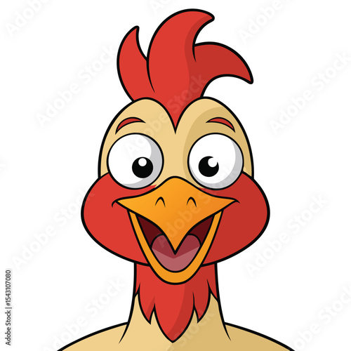 Cartoon chicken happily smiles, showcasing its red comb and bright yellow beak