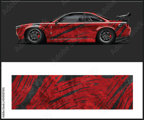 Red and Black Abstract Car Wrap Design for Racing
