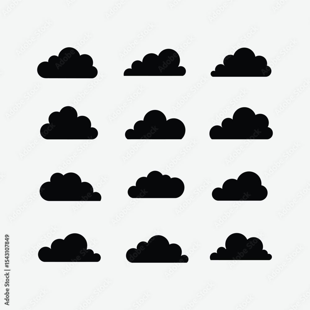 Minimalist Black Cloud Silhouette Vector Set, Abstract Cloud Shapes on White Background Minimalist Black Cloud Silhouette Vector Set, Abstract Cloud Shapes on White Background