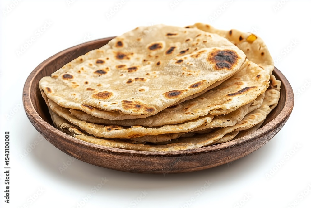 Golden skillet-fried chapati flatbread stacked in a wooden bowl on a white background Golden skillet-fried chapati flatbread stacked in a wooden bowl on a white background