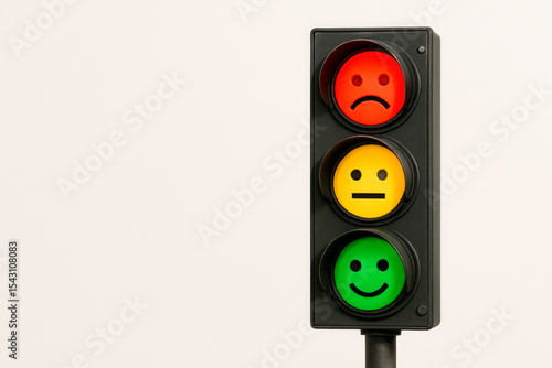 Traffic light with emoji faces showing emotions. Space for text.