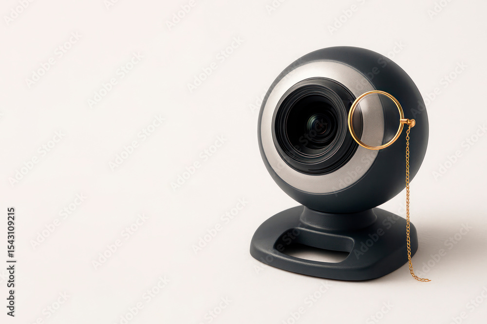 Webcam with a gold monocle on a light background. Space for text. Webcam with a gold monocle on a light background. Space for text.