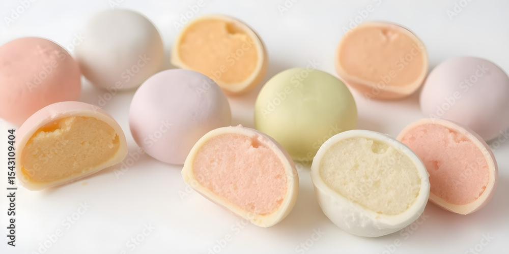 Fototapeta premium Pastel Mochi Ice Cream Halves Arranged on White Background