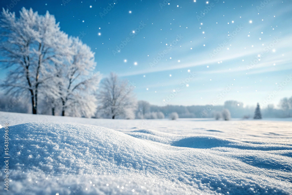 Fresh Snowfall on Winter Meadow with Frosty Trees and Clear Blue Sky Fresh Snowfall on Winter Meadow with Frosty Trees and Clear Blue Sky
