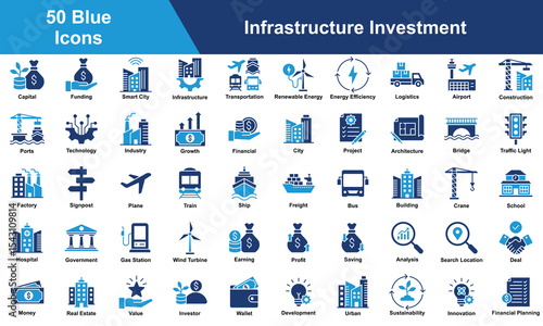 Infrastructure Investment Icon Set Collection. Containing Factory, Signpost, Plane, Train, Ship, Freight, Bus, Building, Crane, School, Hospital, Government. Simple Blue Vector Illustration.