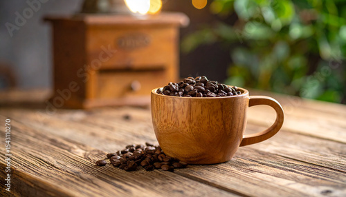 Coffee Beans in Wooden Cup with Vintage Grinder in Background