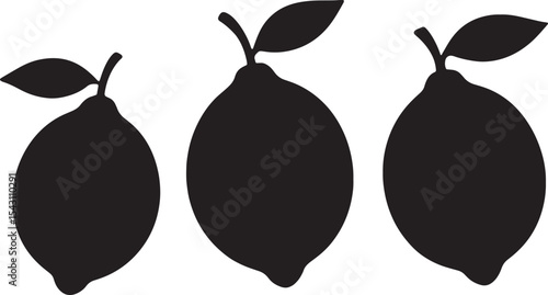 Three Black Silhouette Lemons With Leaves Vector Illustration