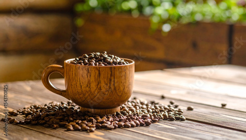 Coffee Beans in Wooden Cup on Rustic Table with Greenery Background