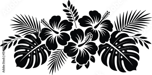 Black and white hibiscus flowers and palm leaves tropical arrangement