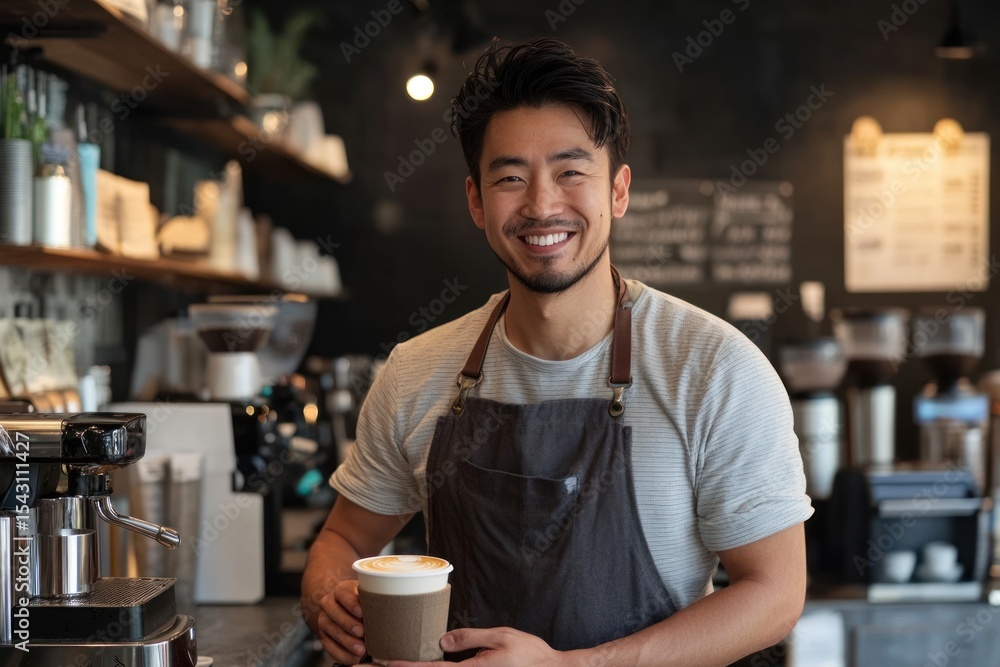 Asian man in modern coffee shop offering hot espresso drink, friendly service Asian man in modern coffee shop offering hot espresso drink, friendly service