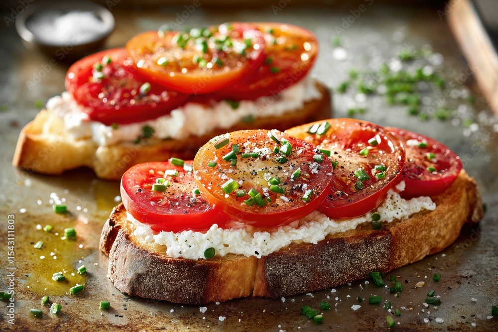 Two slices of toast with ricotta cheese and tomato slices topped with chives on a metal surface Two slices of toast with ricotta cheese and tomato slices topped with chives on a metal surface