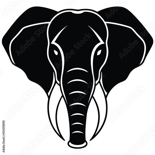 Stylized elephant head with large ears is displayed in a bold, monochrome scheme