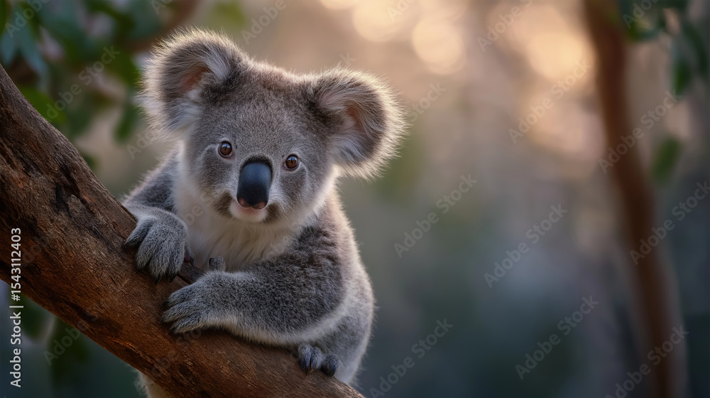 Naklejka premium Koala resting on eucalyptus branch in gentle light