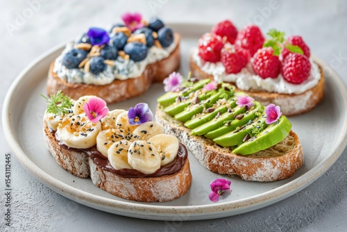 Wallpaper Mural Assorted toasts with fruits and toppings displayed on a plate in a well lit and appetizing setting Torontodigital.ca