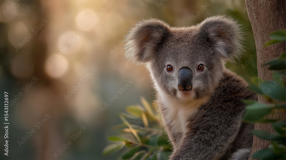 Obraz premium Koala resting on eucalyptus branch in gentle light