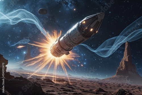 Spacecraft Ignition in a Starry Expanse with Cosmic Veils and Futuristic Narrative