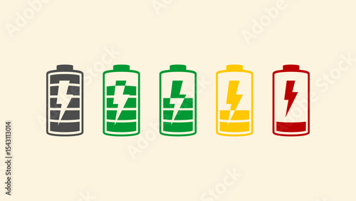 Colorful battery icons set showing various charge levels and warning signs. Perfect for UI-UX design, mobile apps, energy status indicators, and infographic purposes. flat, UI, UX, interface, mobile, 