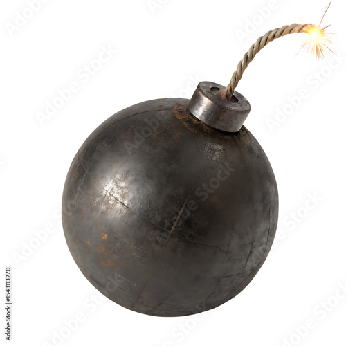 Illustration of a classic round bomb with lit wick isolated on transparent background