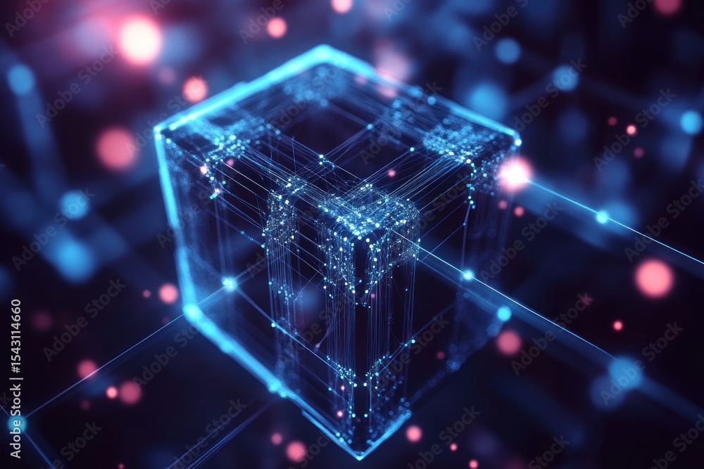 Obraz premium Abstract high-tech cube made of interconnected nodes, futuristic design