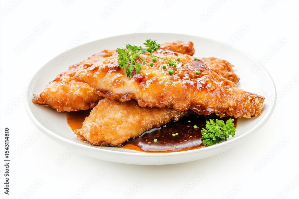 Spicy fried fish fillet with tamarind sauce served on a white plate garnished with parsley, showcasing a delicious seafood dish for culinary enthusiasts Spicy fried fish fillet with tamarind sauce served on a white plate garnished with parsley, showcasing a delicious seafood dish for culinary enthusiasts