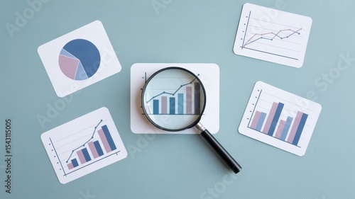 Various charts and graphs are examined through a magnifying glass.