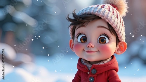 A cheerful young boy with brown hair and big eyes smiles in a snowy landscape. He wears a red coat and a knitted hat with a pom-pom. Snowflakes fall around him.