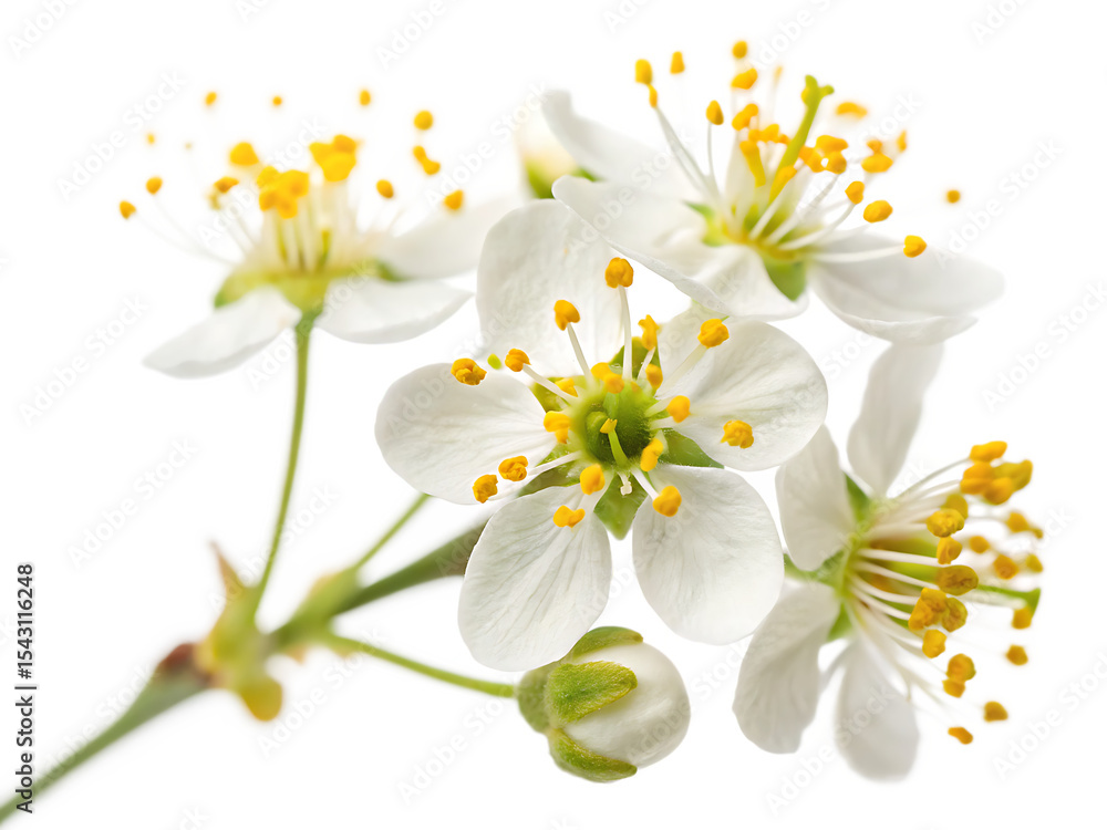 Obraz premium Closeup of Delicate White Rue Flowers with Yellow Centers and Green Stems Isolated on White Background isolated on a transparent background