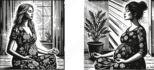 Set of engraving-style vector illustrations of a pregnant woman meditating peacefully in a sunlit quiet room with grainy texture, vintage woodcut look, and postal stamp effect