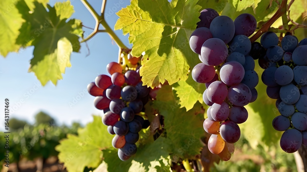 Fototapeta premium Ripe Grapes Hanging on Vine under Sunlight